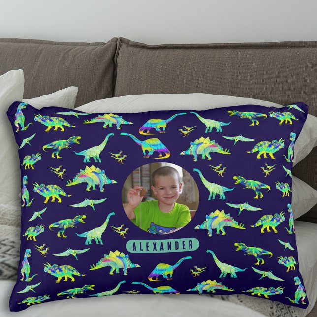 Dinosaur Personlig Boys Photo och Namn Prydnadskudde (Colorful dinosaur pattern personalized name and photo boys navy blue and green pillow)