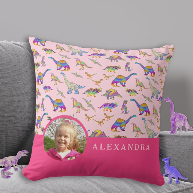 Dinosaur Personlig Photo and Namn Rosa Kudde (Colorful dinosaur personalized photo and name pink pillow Custom dino kids bedroom decor)