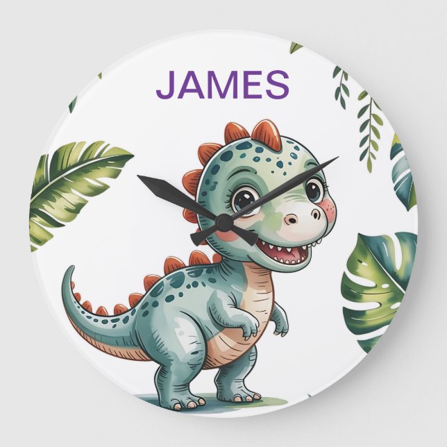 Dinosaur Personlig Wall Clock - Cute Jungle Di Stor Klocka (Framsida)