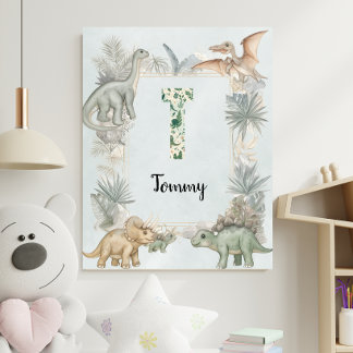 Dinosaur Personligt Namn Monogram T Barnkammare Poster