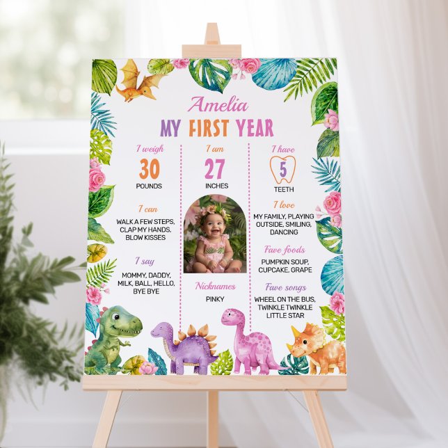 Dinosaur Photo Girl 1st Birthday Milestone Sign Poster (Skapare uppladdad)