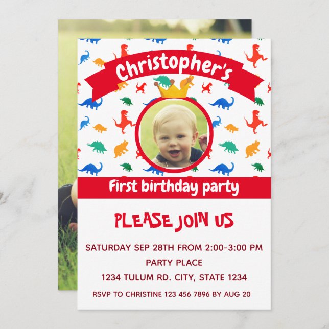 Dinosaur Photo Party Red Inbjudningar (Fram/baksida)