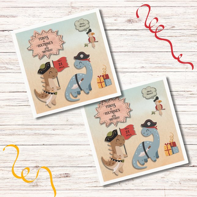 Dinosaur Pirat Födelsedagsfest Twin Boys Anpassnin Pappersservett (Your twin boys will love this Dino Pirate birthday party theme with TRex & Brontosaurus as Pirates!)
