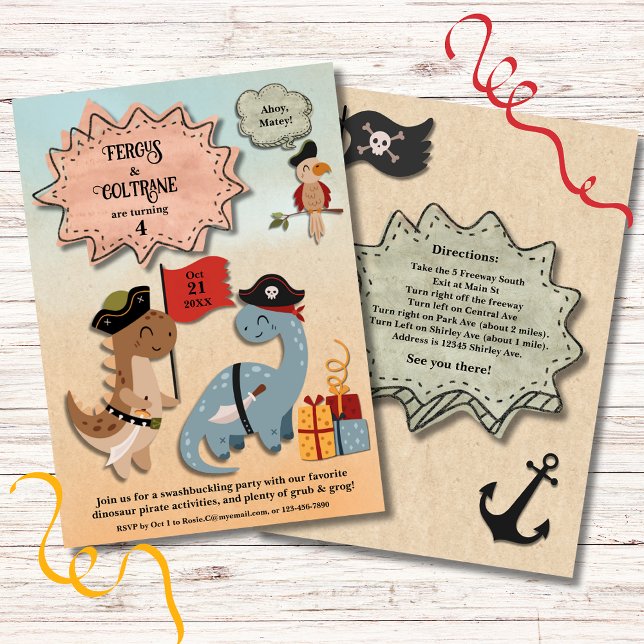 Dinosaur Pirat Twin Boys Födelsedagsfest Anpassnin Inbjudningar (Treat your twins to a Dino Pirate Birthday Party! TRex & Brontosaurus party in their pirate gear.)