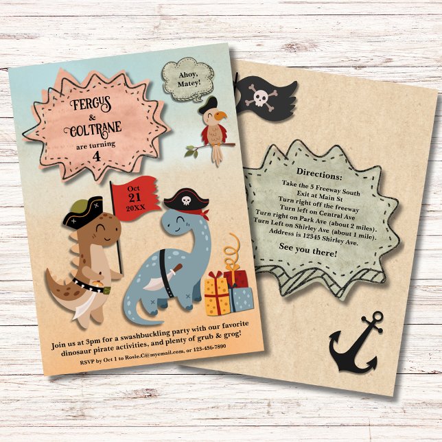 Dinosaur Pirat Twin Boys Födelsedagsfest Anpassnin Inbjudningar (Treat your twins to a Dino Pirate Birthday Party! TRex & Brontosaurus party in their pirate gear.)