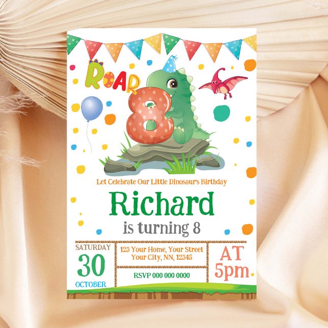 Dinosaur-pojke 8:e födelsedagsinbjudan inbjudningar (Skapare uppladdad)