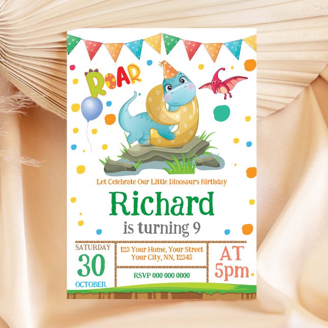 Dinosaur-pojke 9:e födelsedagsinbjudan inbjudningar (Skapare uppladdad)