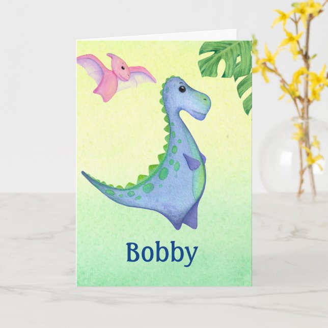 Dinosaur Pojkens Namn & Ålder Söt Födelsedag Kort (Gul blomma)