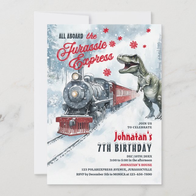 Dinosaur Polar Express Födelsedagsfest inbjudan (Framsida)