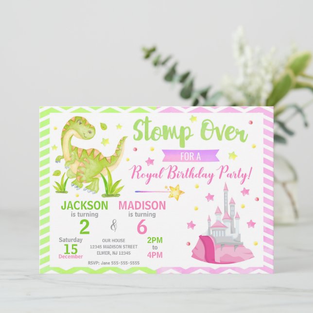 Dinosaur & Princess Joint Birthday Invitation Inbjudningar (Stående Fram)