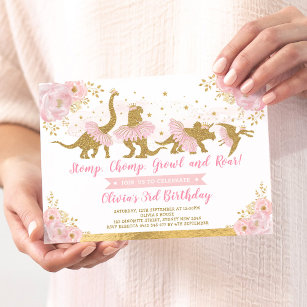 Dinosaur Princess Rosa Blommigt Birthday Inbjudningar