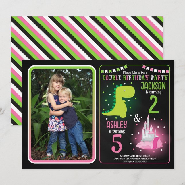 Dinosaur Prinsessa Pojke Flick Syskon Gemensam Föd Inbjudningar (Fram/baksida)