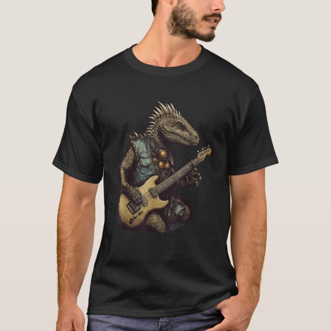 Dinosaur Punk Dino Funny Velociraptor Spelar Guit T Shirt (Framsida)