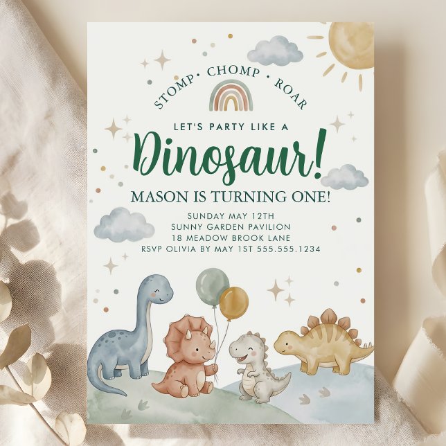Dinosaur Rawr Chomp Rawr 1-årsfest för pojkar  Inbjudningar (Dinosaur Rawr Chomp Rawr 1st Birthday Party Boy Invitation)