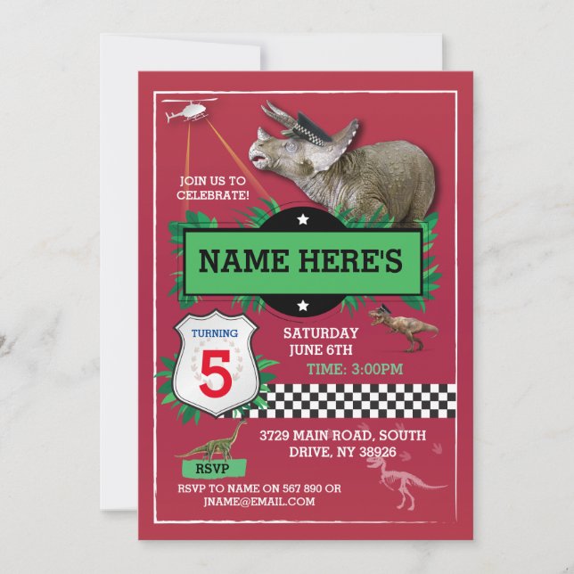 Dinosaur Red Cops Roligt T-Rex Blue Inbjudningar (Framsida)
