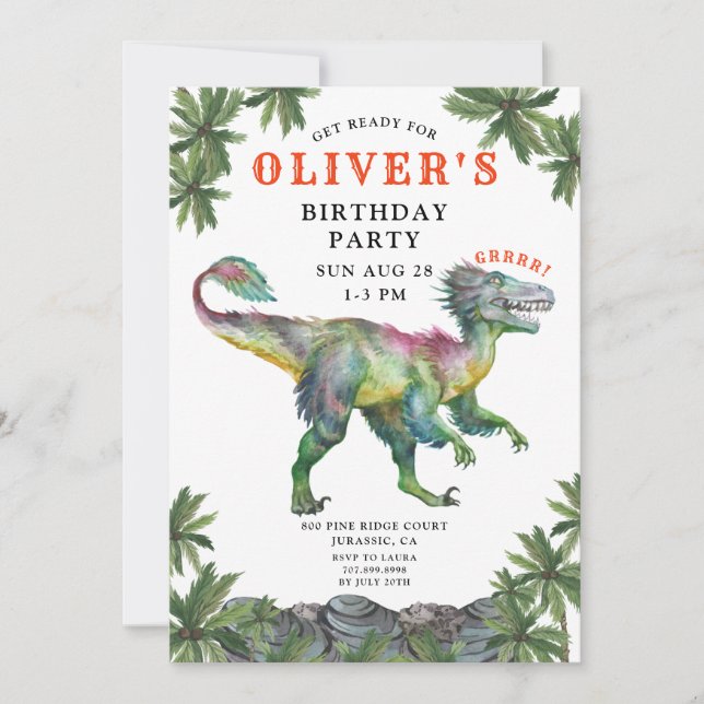 Dinosaur Red Grönt Black Barn Birthday-inbjudan Inbjudningar (Framsida)