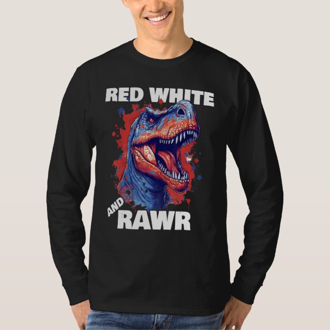Dinosaur Red White Rawr American Flag 4th of July  T Shirt (Framsida)