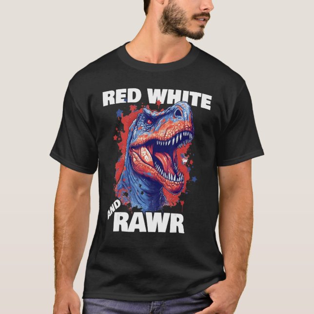 Dinosaur Red White Rawr American Flag 4th of July  T Shirt (Framsida)
