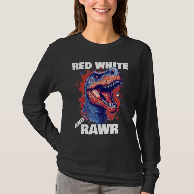 Dinosaur Red White Rawr American Flag 4th of July  T Shirt (Framsida)