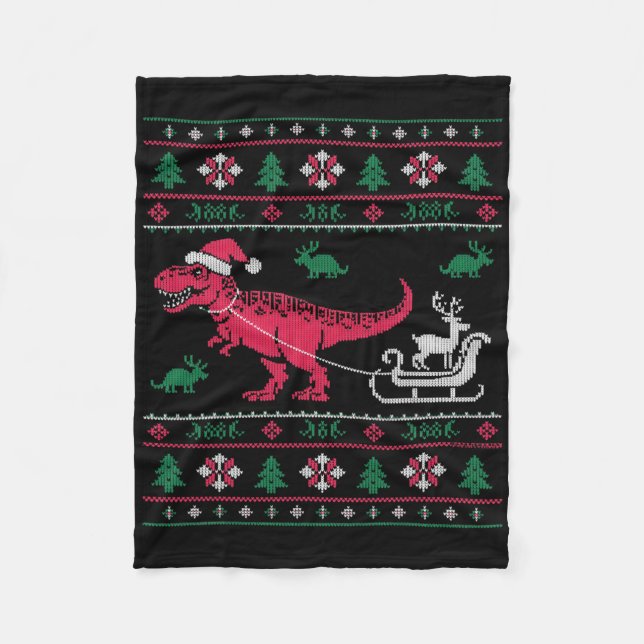 Dinosaur Reindeer Sleigh Ugly Christmas  Fleecefilt (Framsidan)