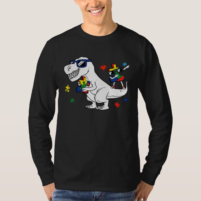 Dinosaur Rex Autism Awareness Month Support Puzzle T Shirt (Framsida)