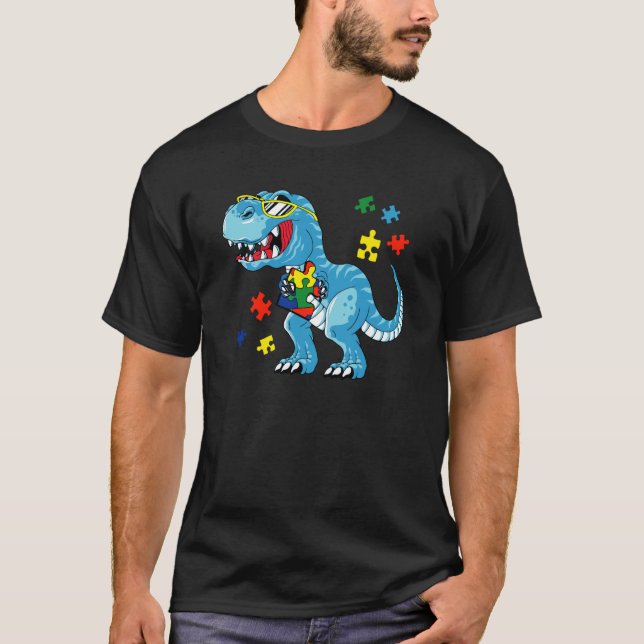 Dinosaur Rex Autism Medvetenhet Månad Pusselbit S T Shirt (Framsida)