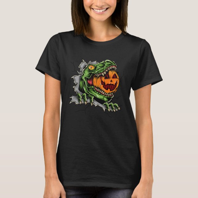 Dinosaur Rex Eat Pumpkin Scary Halloween T Shirt (Framsida)
