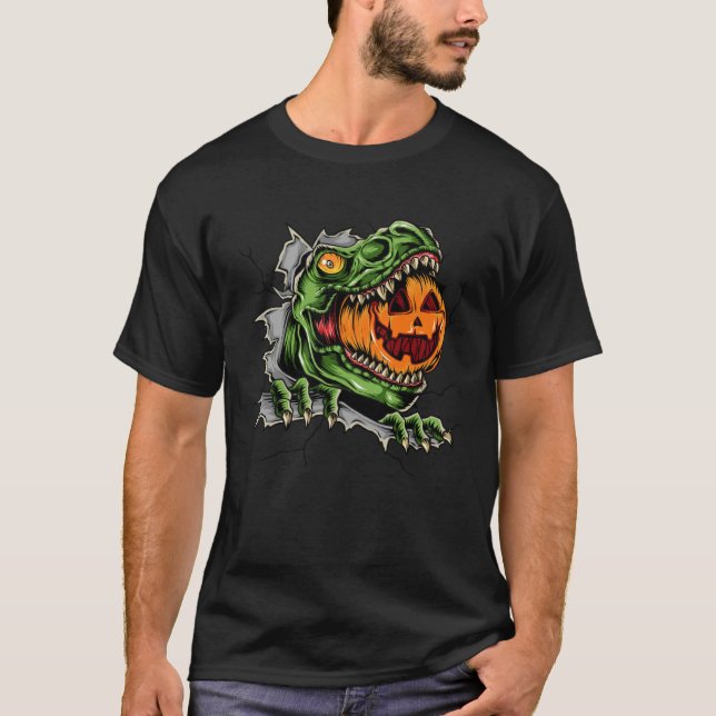 Dinosaur Rex Eat Pumpkin Scary Halloween T Shirt (Framsida)