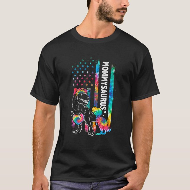 Dinosaur Rex Mamma Saurus Tie Dye USA flagga Match T Shirt (Framsida)