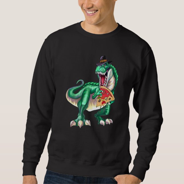 Dinosaur Rex Pilgrim Hatt Pizza Thanksgiving Vegan Lång Ärmad Tröja (Framsida)