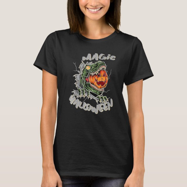 Dinosaur Rex Pumpkin Magic Halloween T Shirt (Framsida)