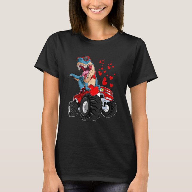 Dinosaur Rex Riding Monster Lastbil Valentines day T Shirt (Framsida)