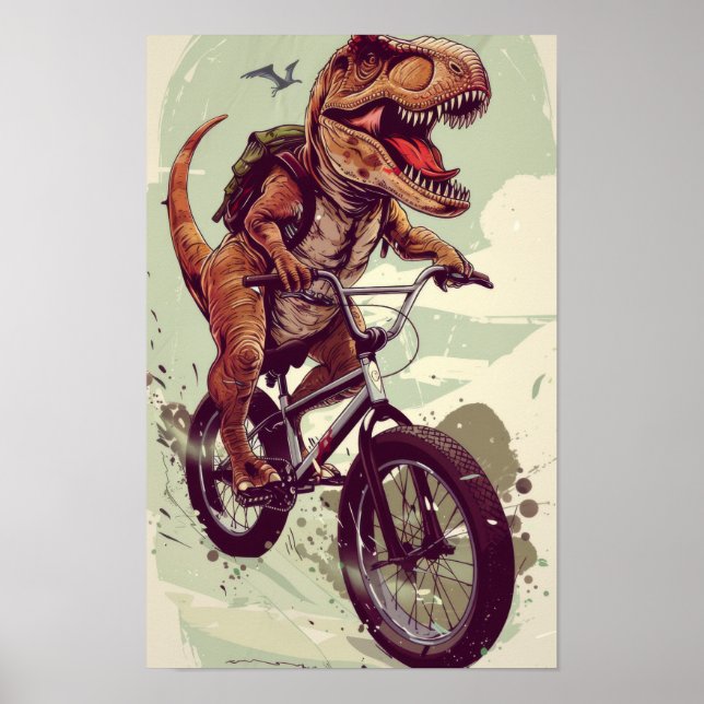 Dinosaur Riding Bike Illustration Poster (Framsidan)