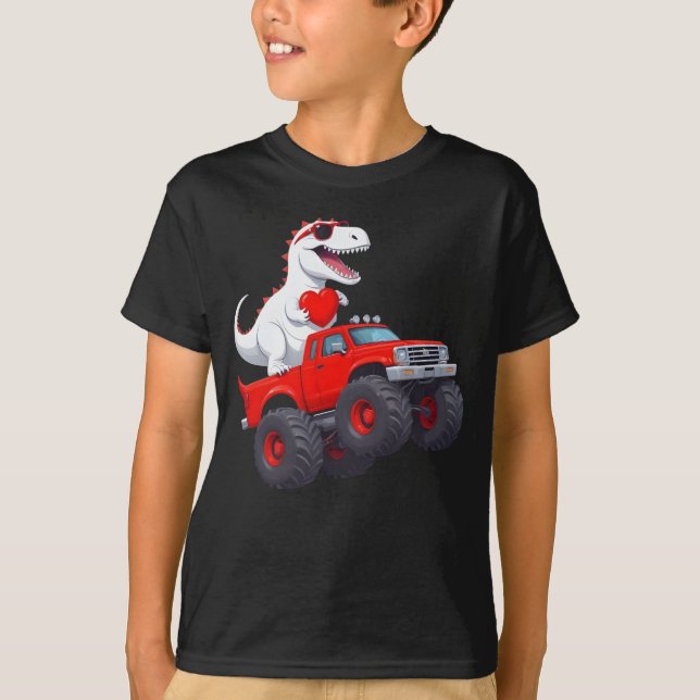 Dinosaur Riding Monster Lastbil Funny T Shirt (Framsida)