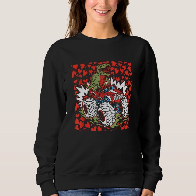 Dinosaur Riding Monster Lastbil Valentines day T-R T Shirt (Framsida)
