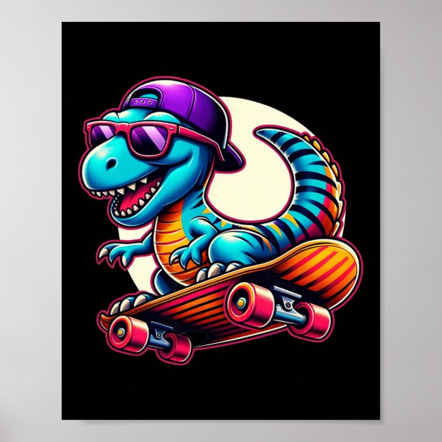 Dinosaur Riding Skateboard Roligt T-rex Dino Skate Poster (Framsidan)