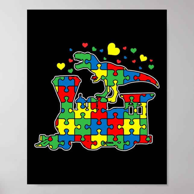 Dinosaur Riding Train Pusselbit Autism Medvetenhet Poster (Framsidan)
