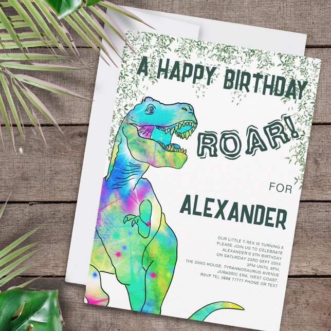 Dinosaur Roar 5:e Födelsedagsfesten Inbjudningar (Dinosaur 5th birthday party invitation with colorful t-rex roar and Jurassic jungle )