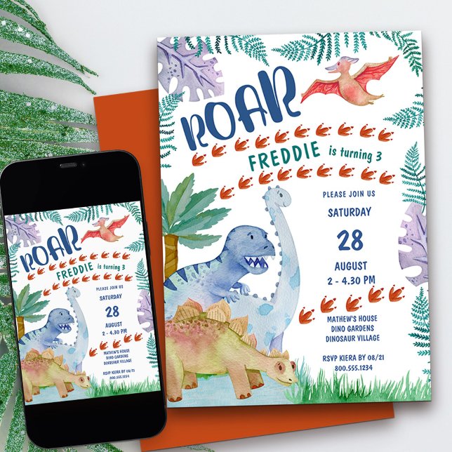 Dinosaur Roar alla åldersgrupper på födelsedagen Inbjudningar (Kids Dinosaur birthday party invitation for any age)