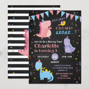 Dinosaur Roar Birthday Chalkboard Girls Dino Party Inbjudningar