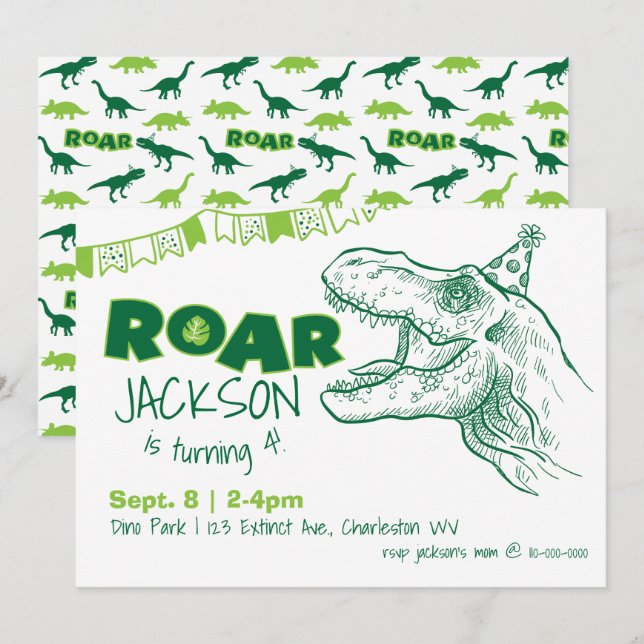 Dinosaur Roar Birthday-inbjudan Inbjudningar (Fram/baksida)