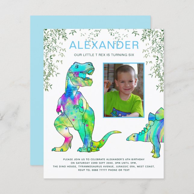 Dinosaur Roar Födelsedagsfest Photo Blue (Fram/baksida)