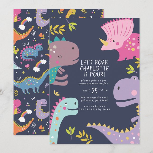 Dinosaur Roar Girls Lila på födelsedagen Inbjudningar (Fram/baksida)