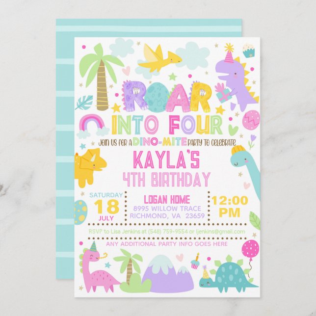 Dinosaur Roar in i fyra 4e födelsedagen-inbjudning Inbjudningar (Fram/baksida)