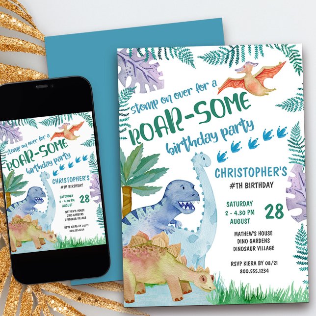 Dinosaur Roar- some Födelsedagsfest Boys any age Inbjudningar (kids dinosaur birthday invitation -  invite your friends to stomp on over for a roar-some party)