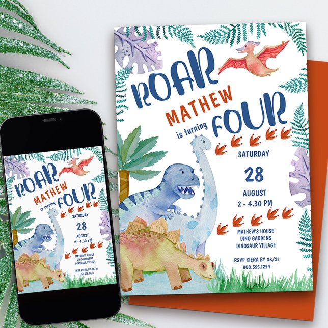 Dinosaur Roar.. vänder fyra pojkar 4e födelsedagen Inbjudningar (dinosaur themed 4th birthday invitation with personalized roar  rhyme)