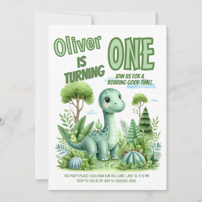 Dinosaur roarar kul tid Babys 1-årsdag Inbjudningar (Framsida)