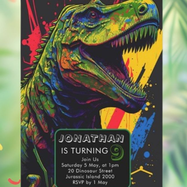 dinosaur Roaring Bra Time Ahead Inbjudningar (Unleash your creativity with our Colorful Street Art Dinosaur Invitation! )