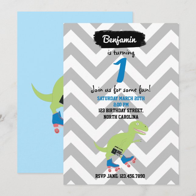 Dinosaur Roller Skating Holding Radio Birthday Inbjudningar (Fram/baksida)