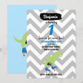 Dinosaur Roller Skating Holding Radio Birthday Inbjudningar